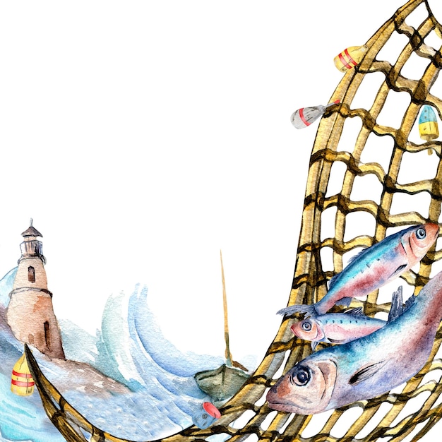 Composição de sardinhas e ilustração em aquarela de rede de pesca isolada em branco