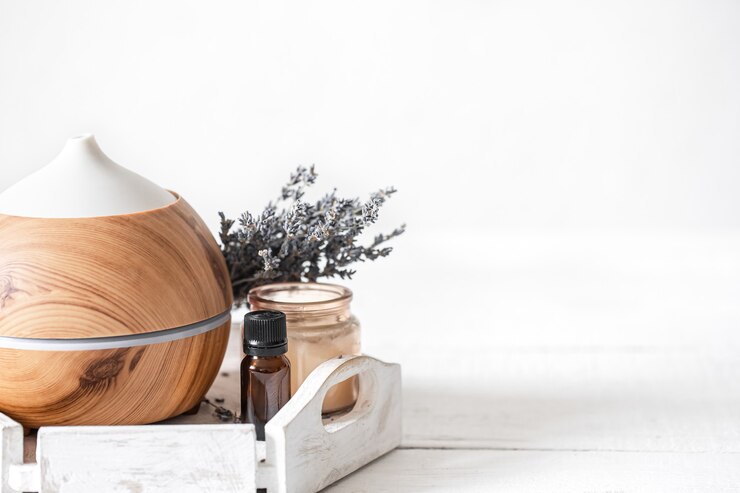 Foto composição de spa com difusor de aroma e espaço de cópia de óleo natural de lavanda