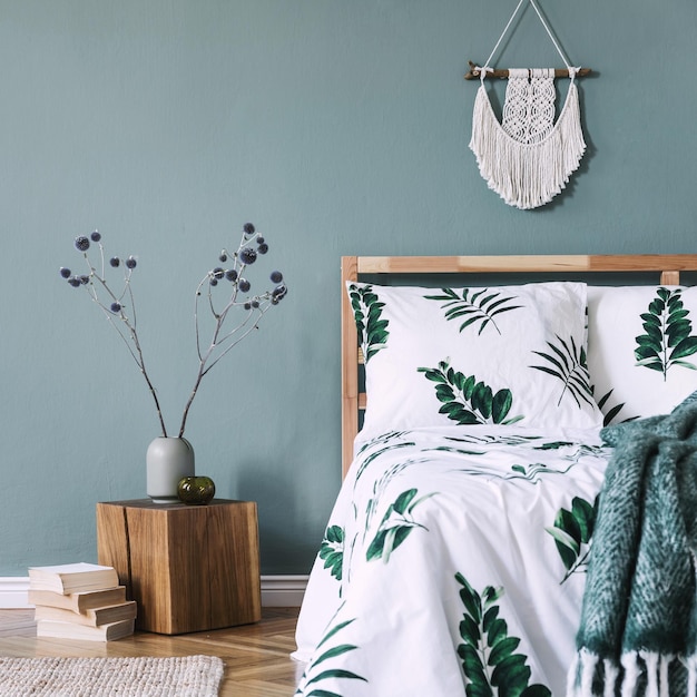 Composição de um quarto elegante com lençóis de cama e acessórios boho.