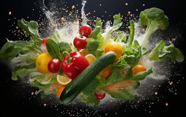 Foto composição de vários vegetais em um fundo monocromático explosão de vegetais arte conceitual