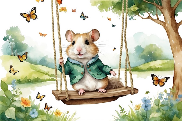 Composição de verão vintage de aquarela com um animal de hamster de rato bonito