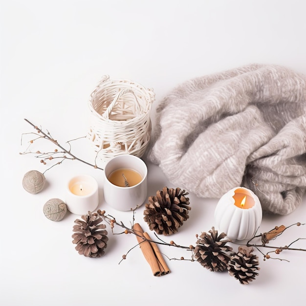 Composição decorativa de inverno aconchegante em cores brancas e bege, decoração quente de inverno com xícara de café e