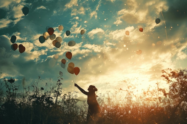 Composição digital com uma pessoa liberando um balão para o céu