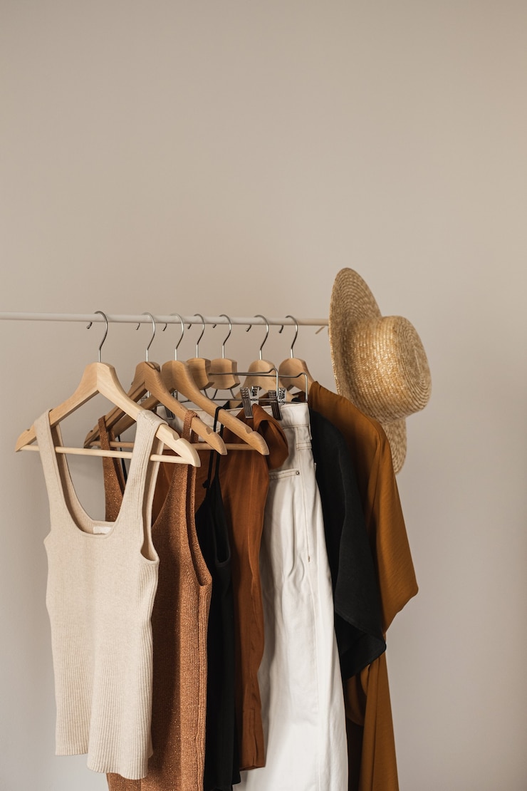 Foto composição do blog de influenciador de moda minimalista estética. roupas femininas elegantes de verão em tons pastéis, vestido, tops, camisetas, chapéu de palha no cabideiro contra a parede branca