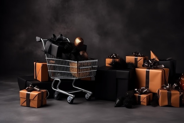 Composição do carrinho de compras de sexta-feira negra com caixas de presente ou sacos em fundo escuro e espaço de cópia