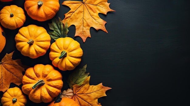 Composição do dia de ação de graças do outono com abóboras laranja decorativas e folhas secas