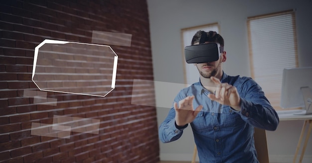 Composição do empresário usando fone de ouvido vr tocando a tela digital