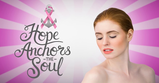 Composição do logotipo âncora de fita rosa e texto sobre câncer de mama, com mulher jovem