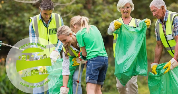 Composição do logotipo de ecologia e texto do Dia da Terra sobre voluntários limpando o campo