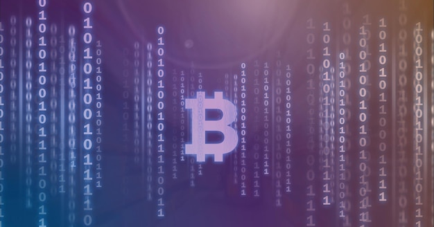 Composição do símbolo de bitcoin e processamento de codificação binária em fundo roxo