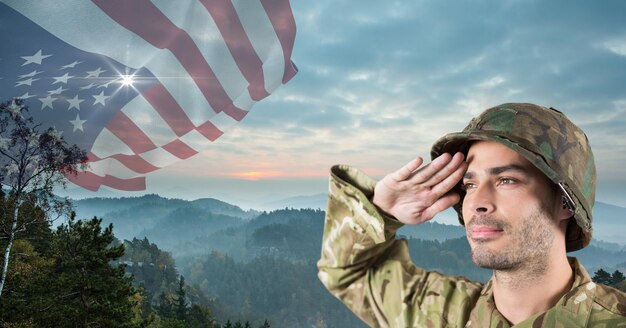 Composição do soldado saudando a bandeira americana