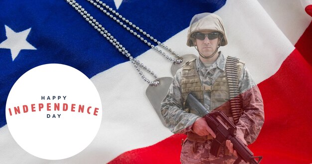 Composição do texto do feliz dia da independência sobre soldado, crachá e bandeira americana