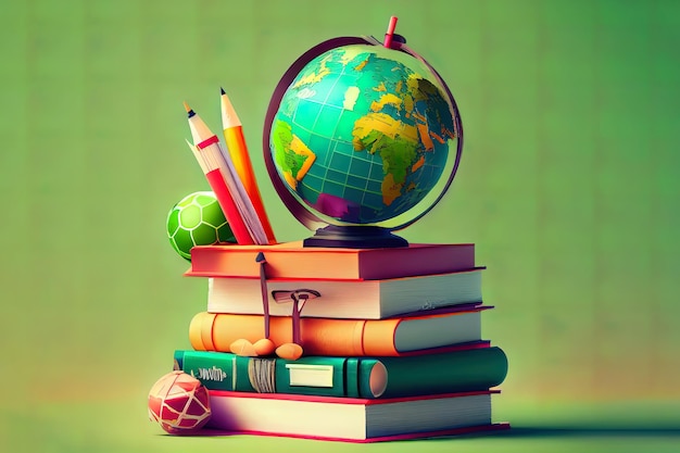 Composição educacional com um globo uma pilha de livros e material escolar em um fundo verde