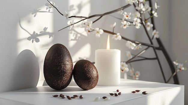 Composição elegante de Páscoa com chocolate Ovos e velas Celebração da Páscoa Decoração da casa