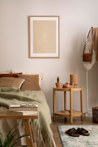 Composição elegante de quarto aconchegante com cama bege simulada e mesa de centro de madeira Cartaz simulado com moldura de madeira Decoração para casa Modelo