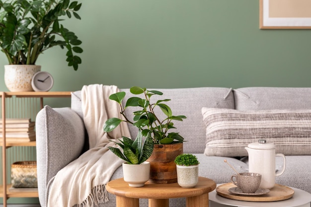 Composição elegante do interior da sala de estar aconchegante com plantas de quadros de pôsteres de design