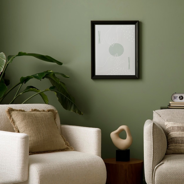 Composição elegante do interior da sala de estar com parede verde