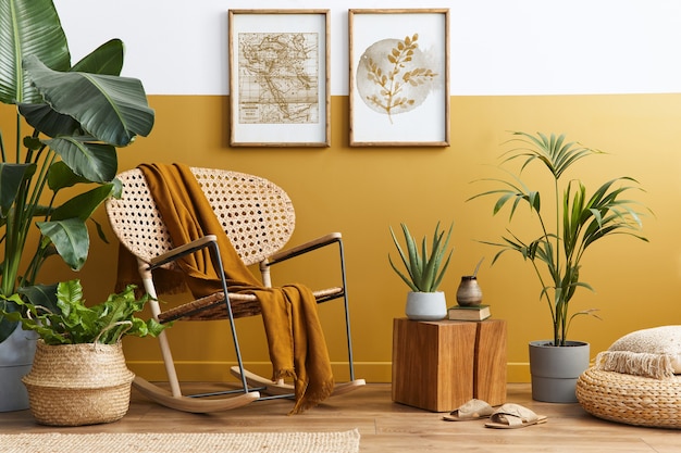 Composição elegante do interior da sala de estar com poltrona de vime de design e acessórios pessoais na decoração da casa em amarelo mel.