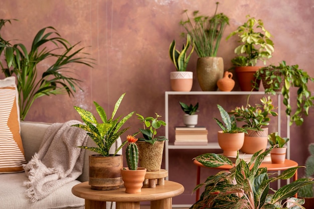 Composição elegante do interior da sala de estar espaçosa criativa com plantas sofá mesa de centro cômoda e acessórios elegantes Espaço botânico de um quarto aconchegante Paredes marrons Modelo