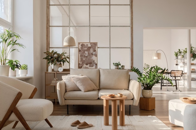 Composição elegante do interior da sala de estar moderna com plantas de sofá de poltrona frotte pintando mesa lateral de cômoda de madeira e acessórios para casa elegantes Modelo Copiar spacexA