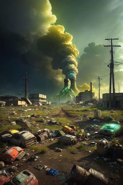 Foto composição épica vapores tóxicos brilhantes lixo atômico precipitação nuclear atmosfera desordenada confusão surgimento de vida vegetal alienígena