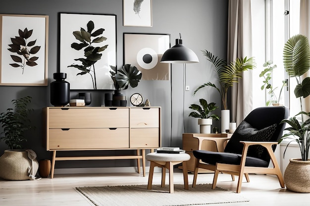 Composição escandinava elegante de sala de estar com armário de design