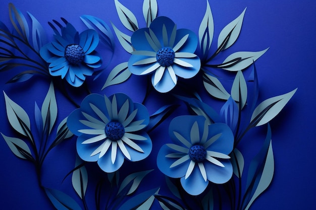 Foto composição floral cortada em papel um arranjo 3d criativo em cores azuis vibrantes ia geradora