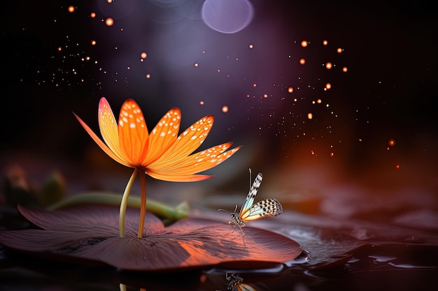 Composição floral criativa Closeup com flor de lótus e borboleta em um mundo de fantasia