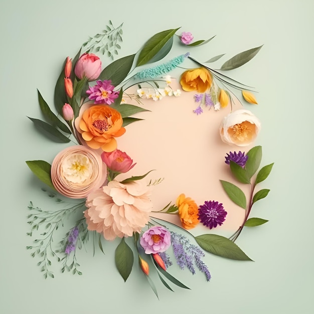 Composição floral de primavera feita de flores coloridas frescas em fundo pastel claro