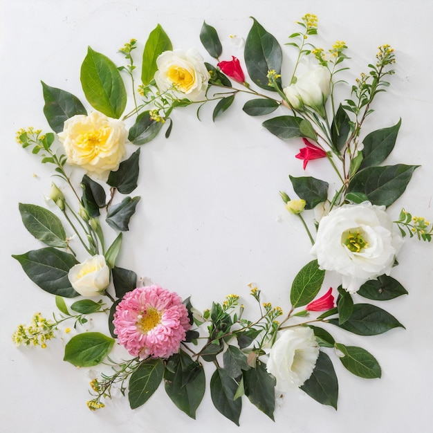 Composição floral de primavera plana Cordeira de flores coloridas em fundo branco