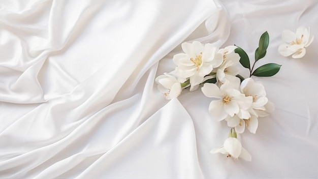 Composição floral Flores brancas em tecido branco Espaço de cópia de vista superior plana