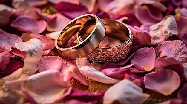 Composição fotográfica conceitual de uma aliança de casamento de casal colocada em uma flor rosa Generative AI