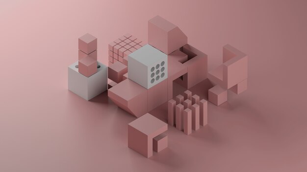 Composição geométrica abstrata 3D com muitas formas geométricas de diferença. Mínimo. Rosa milenar.