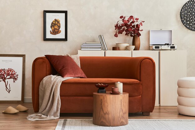 Composição interior criativa de sala de estar com moldura de pôster mock up, sofá projetado, mesa de centro, toca-discos vintage, pufe e acessórios pessoais. modelo.