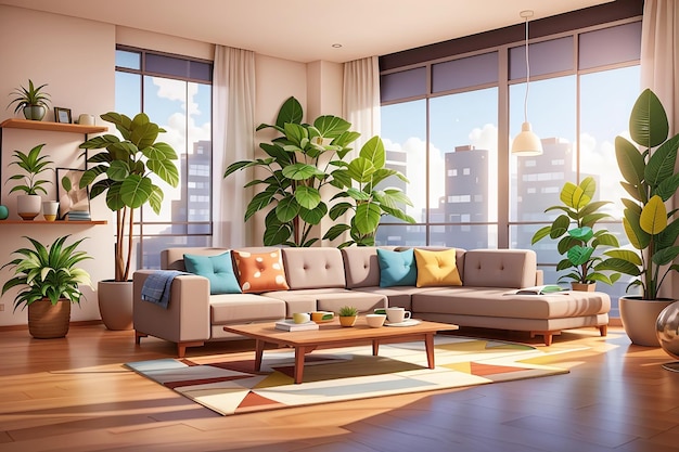 Composição interior da sala de estar com vista interna do apartamento moderno com pinturas de parede e ilustração vetorial de plantas em vaso