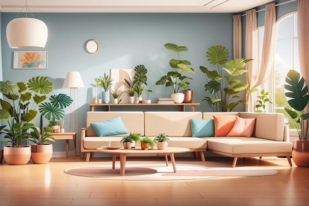 Composição interior do quarto com vista interna da sala de estar com plantas de mesa de móveis macios e ilustração vetorial de decorações