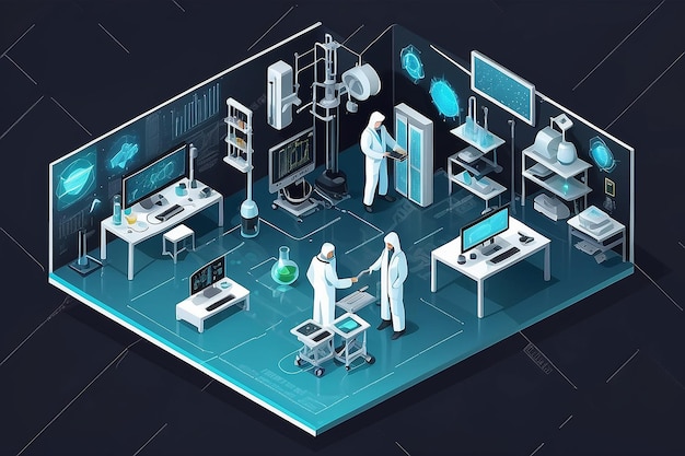 Composição isométrica de nanotecnologia com imagem de investigação científica isolada em fundo em branco