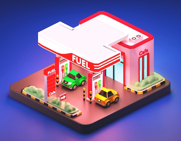 Composição isométrica de posto de gasolina. Ilustração 3D