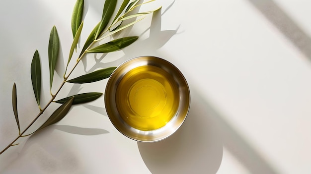 Composição minimalista de azeite de oliva em uma tigela com folhas frescas apresentação de alimentos elegante e moderna elegância simplista na fotografia culinária IA