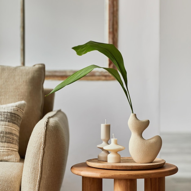 Foto composição minimalista de detalhes do interior da sala de estar moderna vasos criativos na mesa lateral de madeira encenação em casa modelo copiar espaço xa