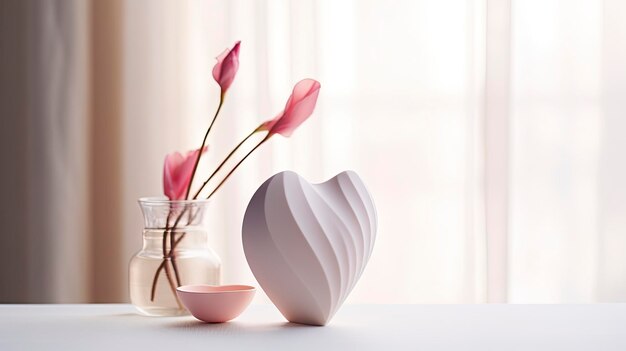 Composição minimalista do Dia dos Namorados com decorações em forma de coração e luz natural suave