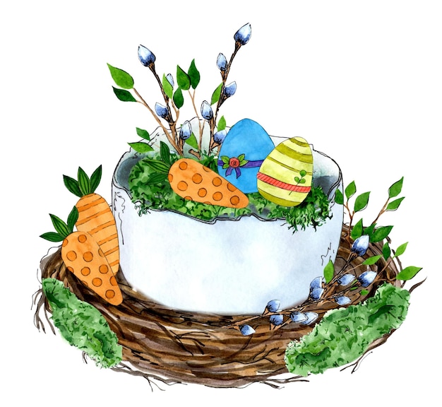 Composição no ninho com flores da primavera e ovos de páscoa coloridos Ilustração em aquarela desenhada à mão isolada em fundo branco Modelo de decoração