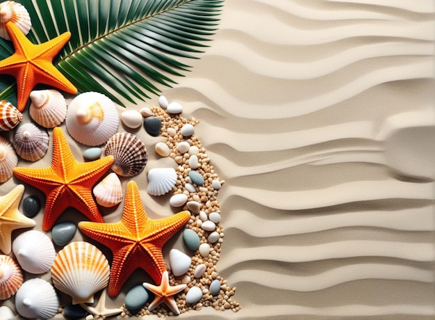 Composição plana com belas estrelas-do-mar pedras e conchas de mar na areia com folhas de palmeira