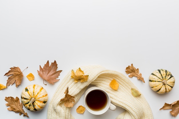 Composição plana com xícara de café colorida de outono e folhas em uma vista superior de fundo colorido