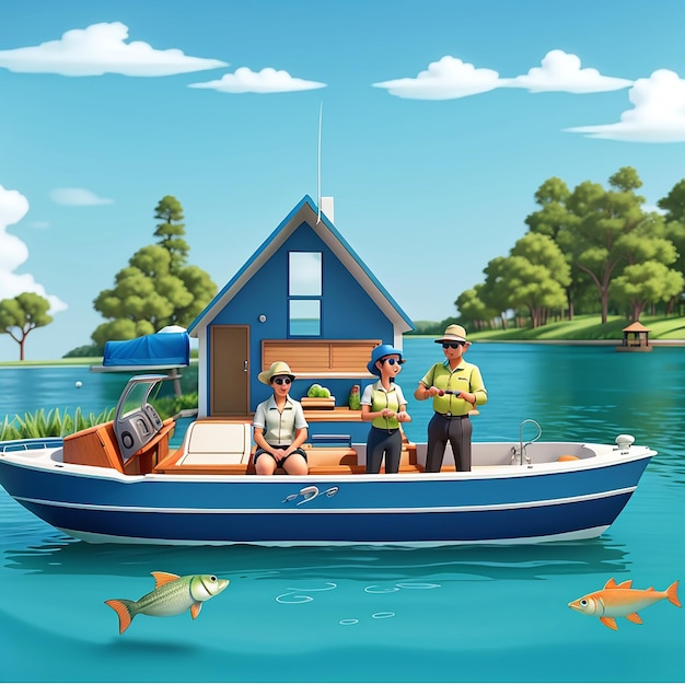 Composição plana de férias de pesca com casal de homens sérios em ilustração de barco a motor Animação 3D