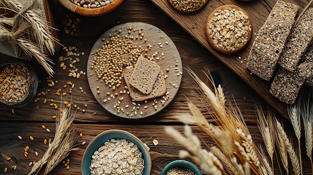 Composição plana de grãos, sementes e cereais dispostos sobre uma superfície de madeira
