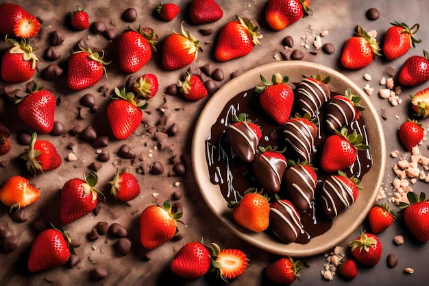 Composição plana de morangos cobertos com chocolate com espaço livre para copiar fundo de corais dourados