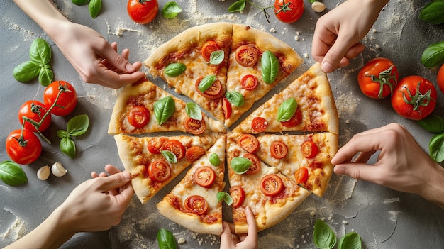 Composição plana de pizza deliciosa com mãos que querem pegar um pedaço dela