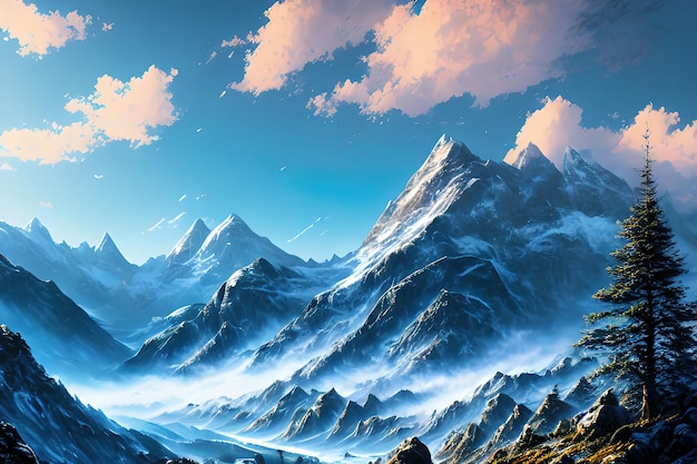Composição realista de montanhas com paisagem horizontal e falésias cobertas de neve com céu azul