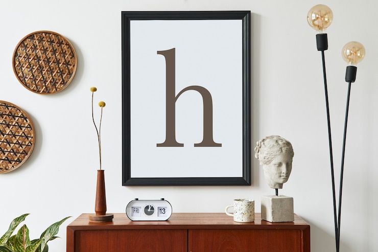 Foto composição retro moderna do interior da sala de estar com cômoda de teca de design, moldura preta simulada, relógio, flores secas, decoração, parede branca e acessórios pessoais. modelo.